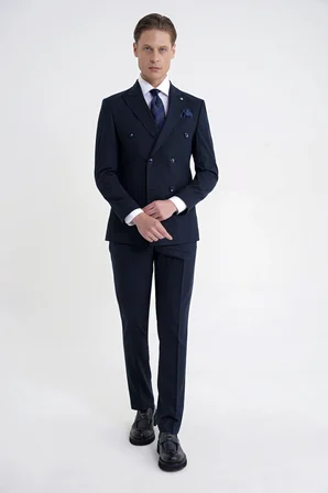 Slim Fit Çift Yırtmaç Esnek Silik Çizgili Lacivert Kruvaze Takım Elbise TK 946