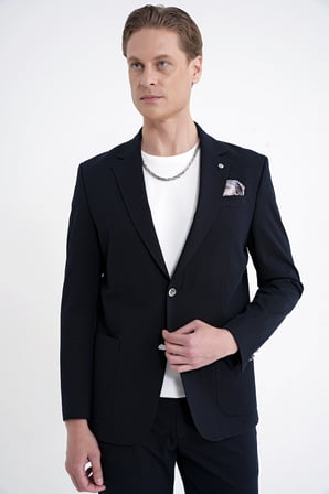 Comfort Fit Çift Yırtmaç Torba Cep Metal Düğmeli Lacivert Blazer Ceket C 734