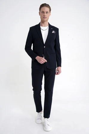 Comfort Fit Çift Yırtmaç Torba Cep Metal Düğmeli Lacivert Blazer Ceket C 734