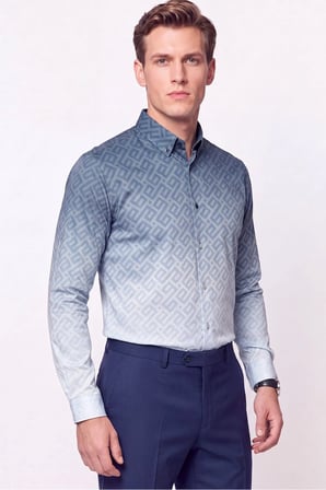 Slim Fit Düğme Yaka Desenli Mavi Gömlek G 1611 