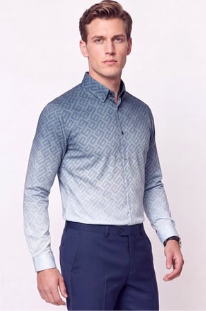 Slim Fit Düğme Yaka Desenli Mavi Gömlek G 1611 