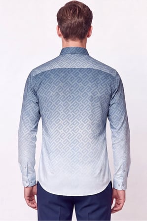 Slim Fit Düğme Yaka Desenli Mavi Gömlek G 1611 