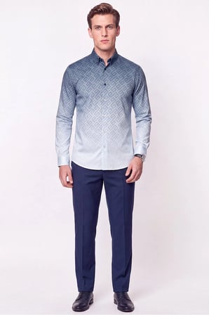 Slim Fit Düğme Yaka Desenli Mavi Gömlek G 1611 