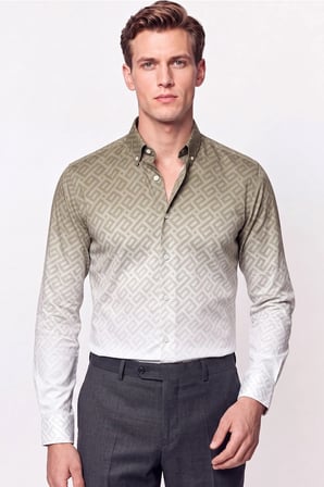 Slim Fit Düğme Yaka Desenli Haki Gömlek G 1611 
