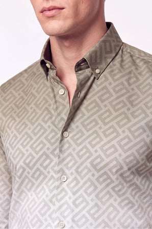 Slim Fit Düğme Yaka Desenli Haki Gömlek G 1611 