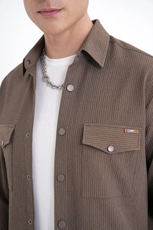 Comfort Fit Yan Cepli Esnek İnce Çizgili Camel Gömlek Ceket G 1608