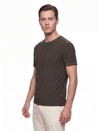 Comfort Fit Pamuklu Bisiklet Yaka Haki Tişört TS 929