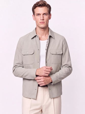 Comfort Fit Yan Cepli Esnek Pamuklu Çıtçıtlı Bej Gömlek Ceket C 736 