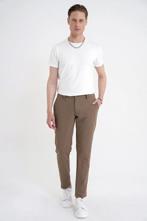 Comfort Fit Beli Lastikli Esnek Keten Tütün Pantolon P 1221