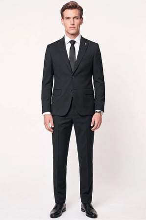 Slim Fit Mono Yaka Esnek Yünlü Siyah Takım Elbise TK 2026