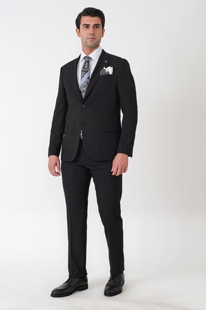 Slim Fit Çift Yırtmaç Esnek Yünlü Düz Siyah Takım Elbise Tk 948