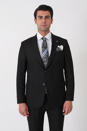 Slim Fit Çift Yırtmaç Esnek Yünlü Düz Siyah Takım Elbise Tk 948