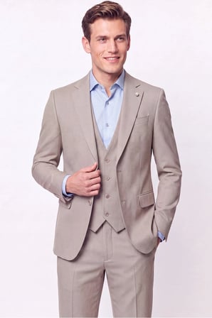Slim Fit Çift Yırtmaç %97 Yünlü Doku Desenli Esnek Bej Yelekli Takım Elbise TK 927
