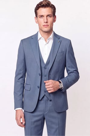 Slim Fit Çift Yırtmaç %97 Yünlü Doku Desenli Esnek Mavi Yelekli Takım Elbise TK 927