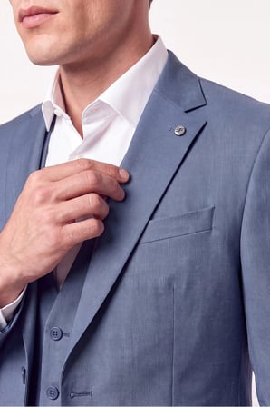 Slim Fit Çift Yırtmaç %97 Yünlü Doku Desenli Esnek Mavi Yelekli Takım Elbise TK 927