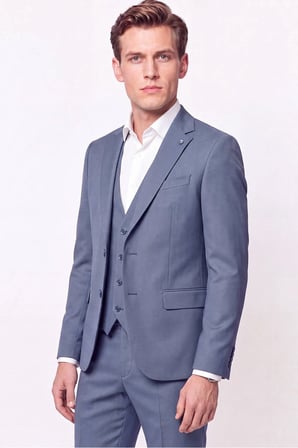 Slim Fit Çift Yırtmaç %97 Yünlü Doku Desenli Esnek Mavi Yelekli Takım Elbise TK 927