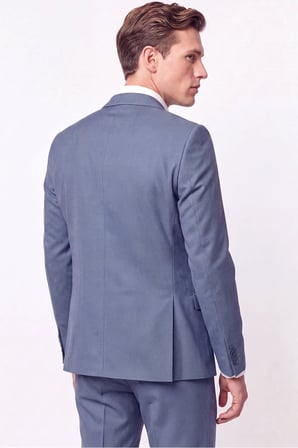 Slim Fit Çift Yırtmaç %97 Yünlü Doku Desenli Esnek Mavi Yelekli Takım Elbise TK 927