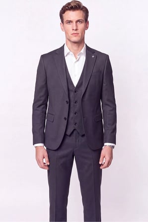 Slim Fit Çift Yırtmaç %97 Yünlü Doku Desenli Esnek Antrasit Yelekli Takım Elbise TK 927