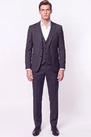 Slim Fit Çift Yırtmaç %97 Yünlü Doku Desenli Esnek Antrasit Yelekli Takım Elbise TK 927