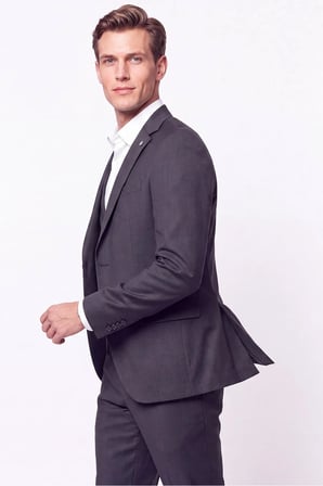 Slim Fit Çift Yırtmaç %97 Yünlü Doku Desenli Esnek Antrasit Yelekli Takım Elbise TK 927