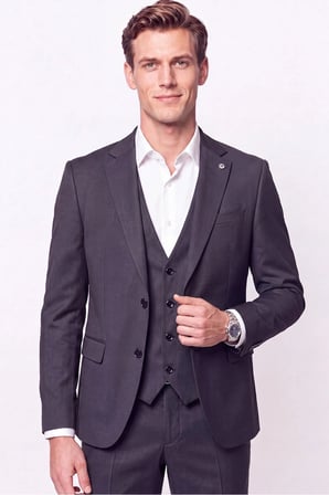 Slim Fit Çift Yırtmaç %97 Yünlü Doku Desenli Esnek Antrasit Yelekli Takım Elbise TK 927
