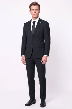 Slim Fit Mono Yaka Çift Yırtmaç Yünlü Siyah Takım Elbise TK 949