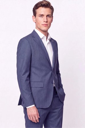 Slim Fit Mono Yaka Çift Yırtmaç Yünlü İndigo Takım Elbise TK 949