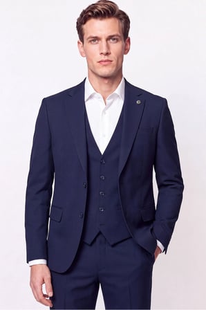 Slim Fit Mono Yaka  Esnek Yünlü Yelekli Lacivert Takım Elbise TK 950