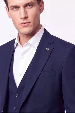 Slim Fit Mono Yaka  Esnek Yünlü Yelekli Lacivert Takım Elbise TK 950