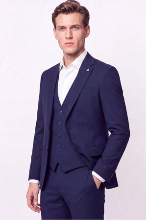 Slim Fit Mono Yaka  Esnek Yünlü Yelekli Lacivert Takım Elbise TK 950