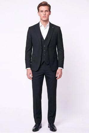 Slim Fit Mono Yaka  Esnek Yünlü Yelekli Siyah Takım Elbise TK 950