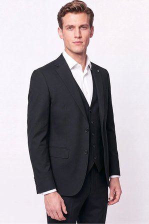Slim Fit Mono Yaka  Esnek Yünlü Yelekli Siyah Takım Elbise TK 950