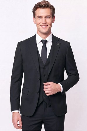 Slim Fit Mono Yaka  Esnek Yünlü Yelekli Siyah Takım Elbise TK 950