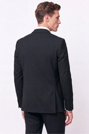 Slim Fit Mono Yaka  Esnek Yünlü Yelekli Siyah Takım Elbise TK 950