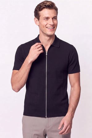 Comfort Fit Rahat Kalıp Polo Yaka Fermuarlı Siyah Tişört TS 930 