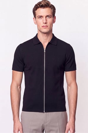 Comfort Fit Rahat Kalıp Polo Yaka Fermuarlı Siyah Tişört TS 930 