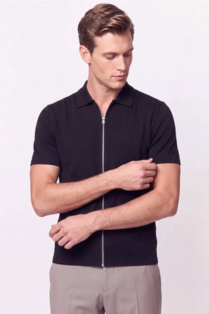 Comfort Fit Rahat Kalıp Polo Yaka Fermuarlı Siyah Tişört TS 930 
