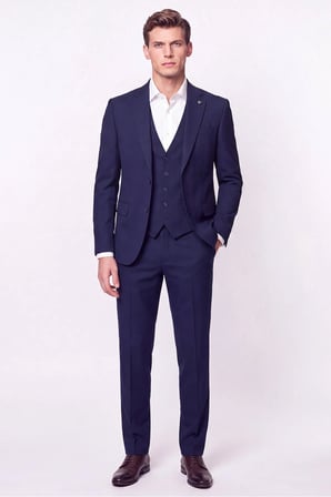 Slim Fit Mono Yaka  Esnek Yünlü Yelekli Lacivert Takım Elbise TK 950