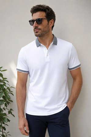 Comfort Fit Rahat Kalıp %100 Pamuk Kıvrılmaz Yaka Beyaz Polo Yaka Tişört TS 931