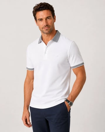 Comfort Fit Rahat Kalıp %100 Pamuk Kıvrılmaz Yaka Beyaz Polo Yaka Tişört TS 931