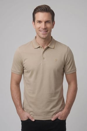Comfort Fit Rahat Kalıp %100 Pamuk Kıvrılmaz Yaka Bej Polo Yaka Tişört TS 931