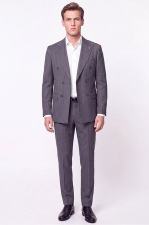 Slim Fit %96 Yünlü Çift Yırtmaç Çizgili Gri Kruvaze Takım Elbise TK 954