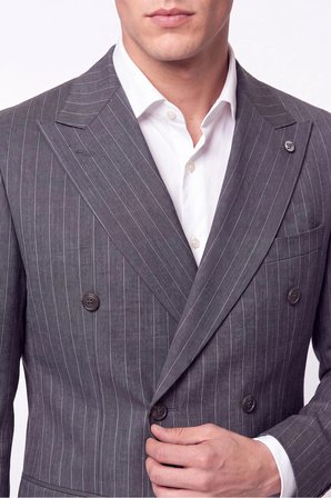 Slim Fit %96 Yünlü Çift Yırtmaç Çizgili Gri Kruvaze Takım Elbise TK 954