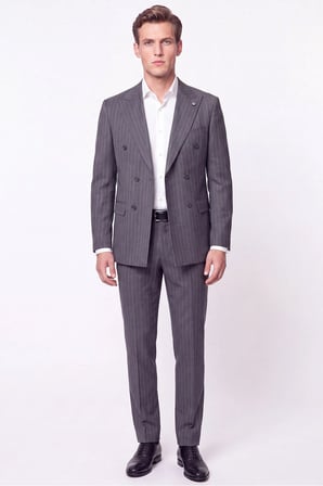 Slim Fit %96 Yünlü Çift Yırtmaç Çizgili Gri Kruvaze Takım Elbise TK 954
