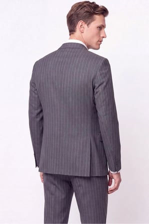 Slim Fit %96 Yünlü Çift Yırtmaç Çizgili Gri Kruvaze Takım Elbise TK 954