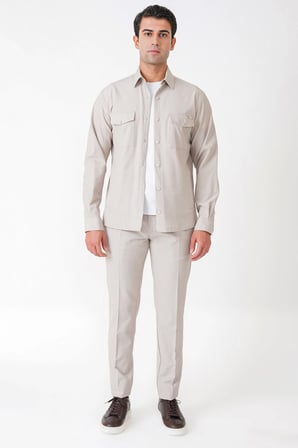 Comfort Fit Yan Cepli Esnek İnce Çizgili Taş Gömlek Ceket G 1608