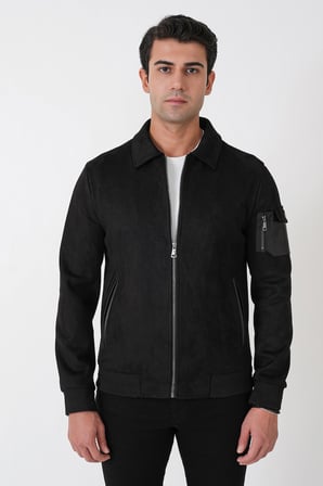 Comfort Fit Yandan Cepli Kol Etek Ribanalı Siyah Süet Mont MT 182