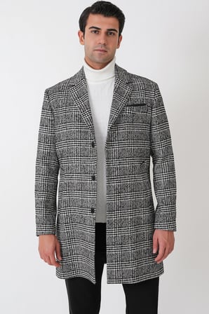 Comfort Fit Yan Cepli Düğmeli Ekose Desenli Yünlü Siyah Palto PLT 091