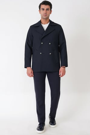 Comfort Fit Yan Cepli Pamuk Lacivert Kruvaze Kaban KA 095