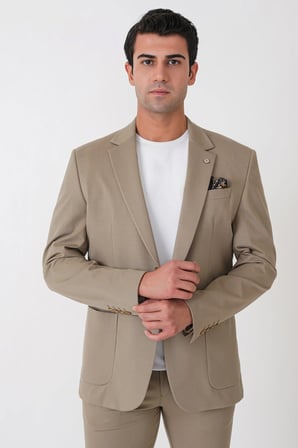 Comfort Fit Esnek Rayon Pamuk Karışım Torba Cepli Bej Blazer Ceket C 744